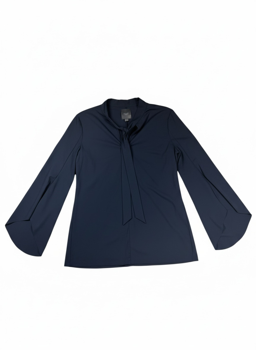 Lysse New York Womens S Navy Blue Tie Neck Bell Sleeve Stretch Blouse Top